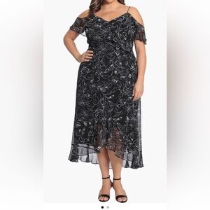 London Times | Dark Blue Navy & White Floral Cold Shoulder Maxi Dress